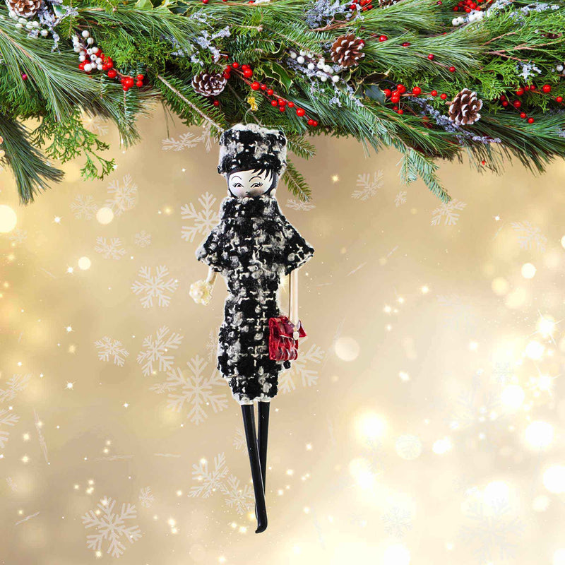 De Carlini Italian Ornaments Madeleine In Black/White Tweed - - SBKGifts.com