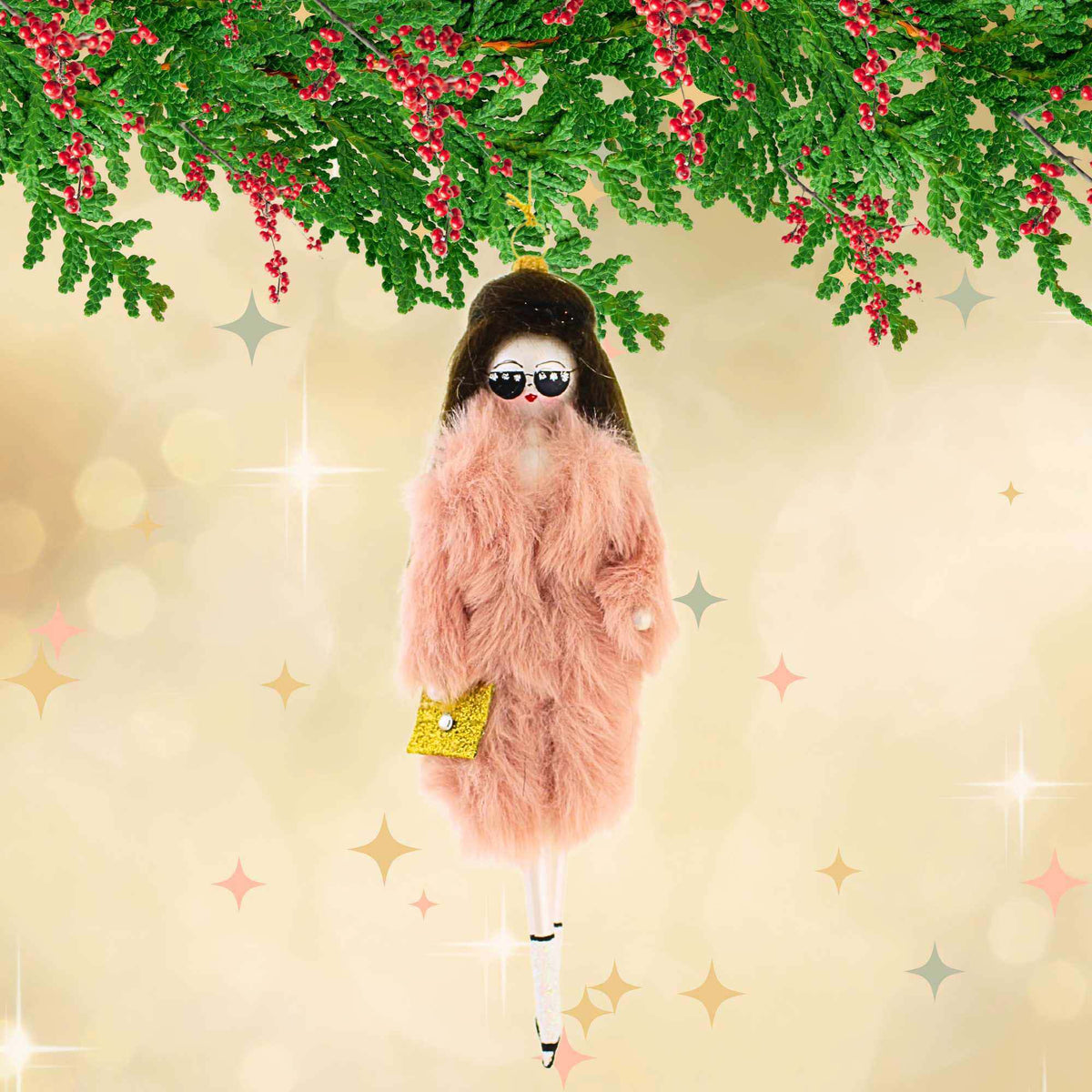 De Carlini Italian Ornaments Lucy In Faux Rose Fur - - SBKGifts.com