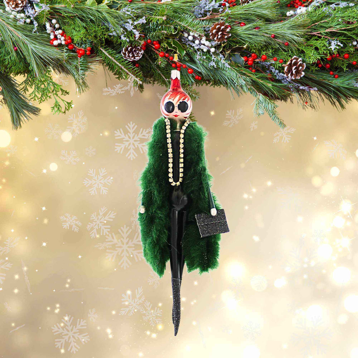 De Carlini Italian Ornaments Felicia In Faux Green Fur - - SBKGifts.com