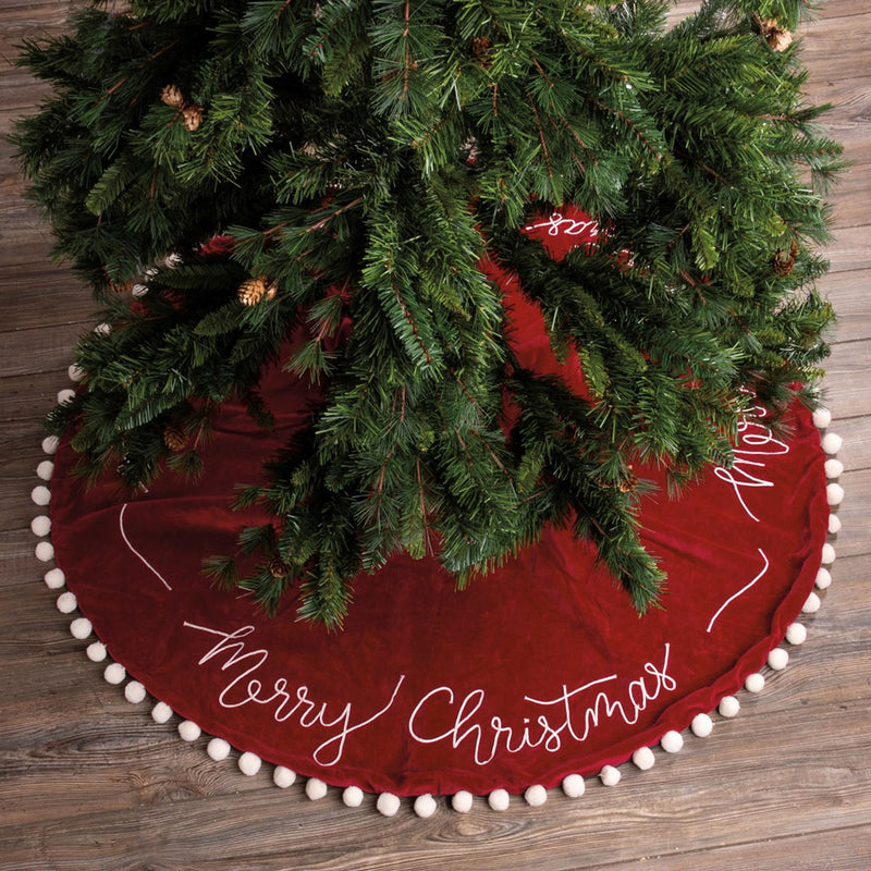 Christmas Merry Christmas Tree Skirt Fabric Velour Pom Poms Stitching 39647