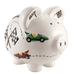 Child To Cherish Vroom Race Car Piggy Bank - One Piggy Bank 7.75 Inch, Ceramic - Speedway Checkered Flag 36912. (48610)