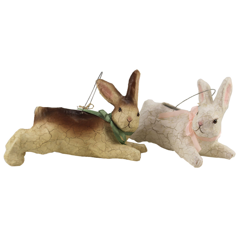 Easter Leaping Bunny Bucket Set/2 Paper Mache White Tan Rabbits Tg1368