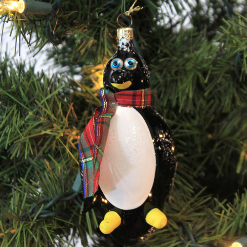 De Carlini Italian Ornaments Penguin With Plaid Scarf - - SBKGifts.com