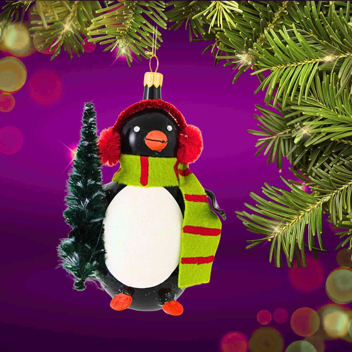 De Carlini Italian Ornaments Penguin Holding Pine Tree - - SBKGifts.com