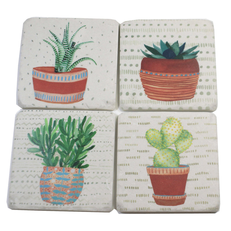 Tabletop Cactus Coaster 4 Pc Set Resin Plants Square Cork Back Neutral Cb173844 (49444)