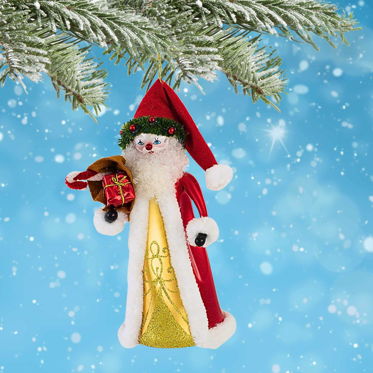 De Carlini Italian Ornaments Santa With Beige Santa Sack - - SBKGifts.com