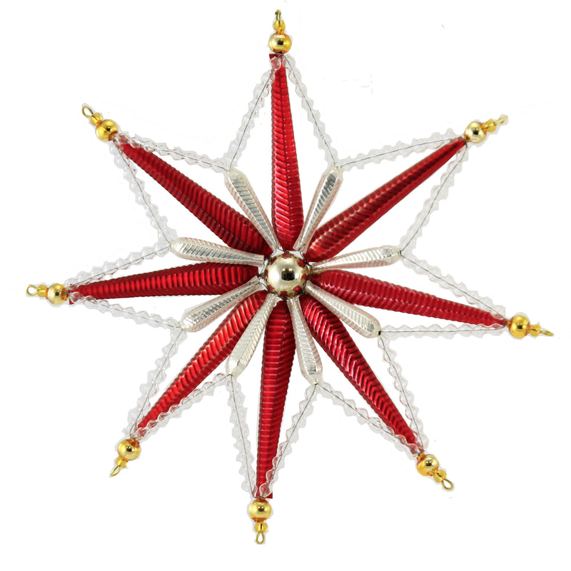 Holiday Ornament Large Red White Snowflake Star Clip On Czech Beaded Christmas 802029 (50937)