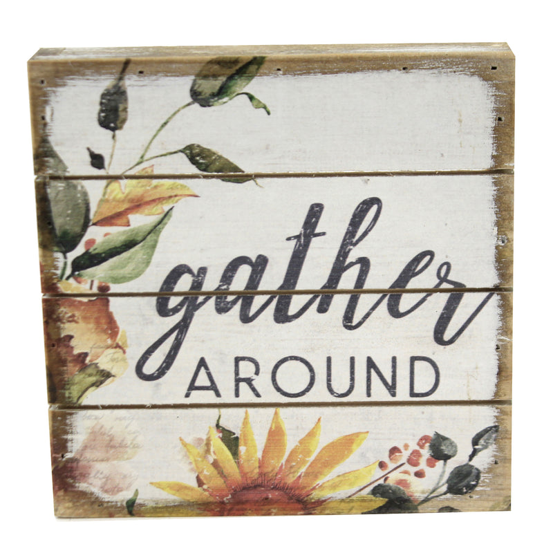 Fall Gather Round Block Sign Wood Summer Fall Sunflower Farmhouse Pet1682