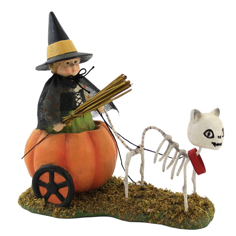 Halloween Skelly's Pumpkin Carriage Ride Polyresin Sleleton Cat Witch Td9077
