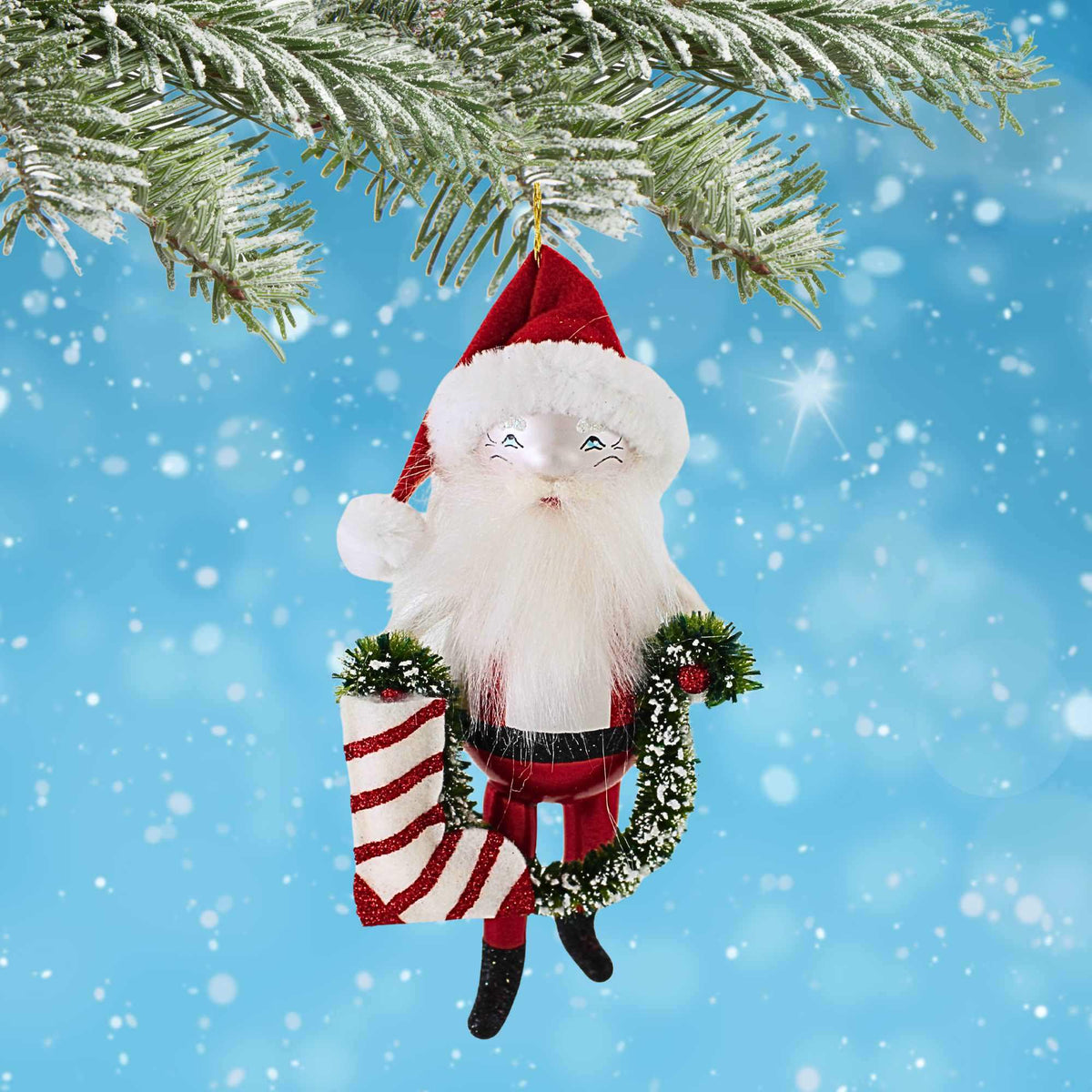 De Carlini Italian Ornaments Santa With Red / White Stocking - - SBKGifts.com
