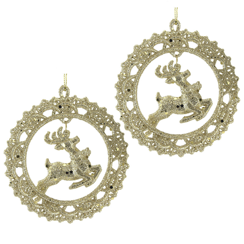Deer In Wreath Set/2 - Two Ornaments 4 Inch, Resin - Glittered Gold 6004478 (51947)