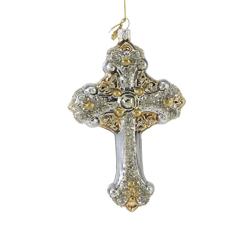 Huras Family Silver Gold Ornate Cross - 1 Glass Ornament 6.25 Inch, Glass - Ornament Religious Blessing C726 (51956)