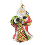 Huras Santa W/  Poinsettia Wreath Glass Ornament Floral Plaid Flowers S563