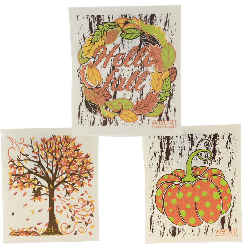 Hello Fall Assortment - Three Swedish Dishcloths 7.75 Inch, Cellulose - Autumn Leaves Pumpkin W1042*1049*1028 (52174)