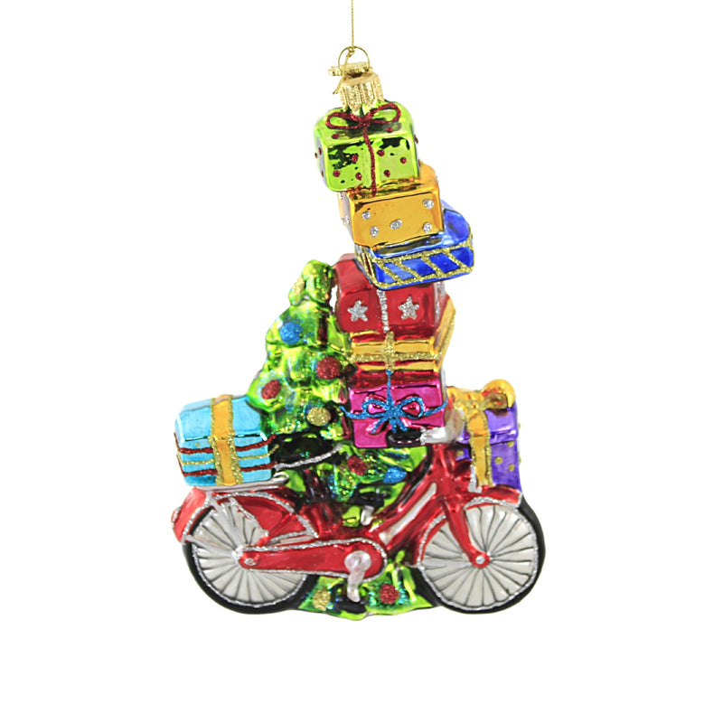 Huras Red Bike & Christmas Tree Glass Ornament Package Bicycle Gift S849