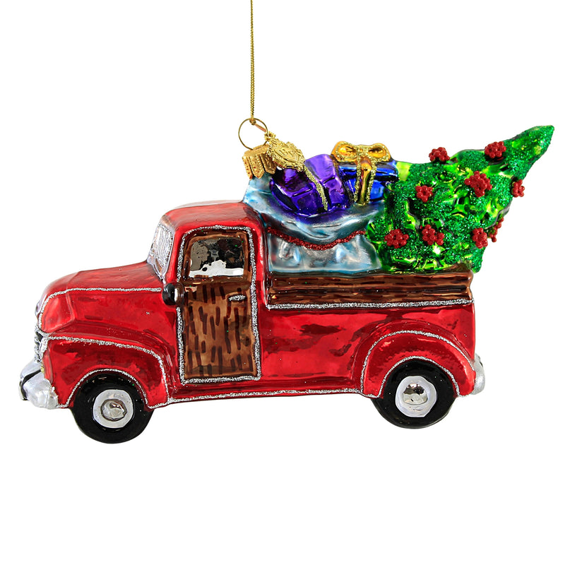 Huras Red Truck With Christmas Tree Glass Ornament Pick Up Country S784 (52241)