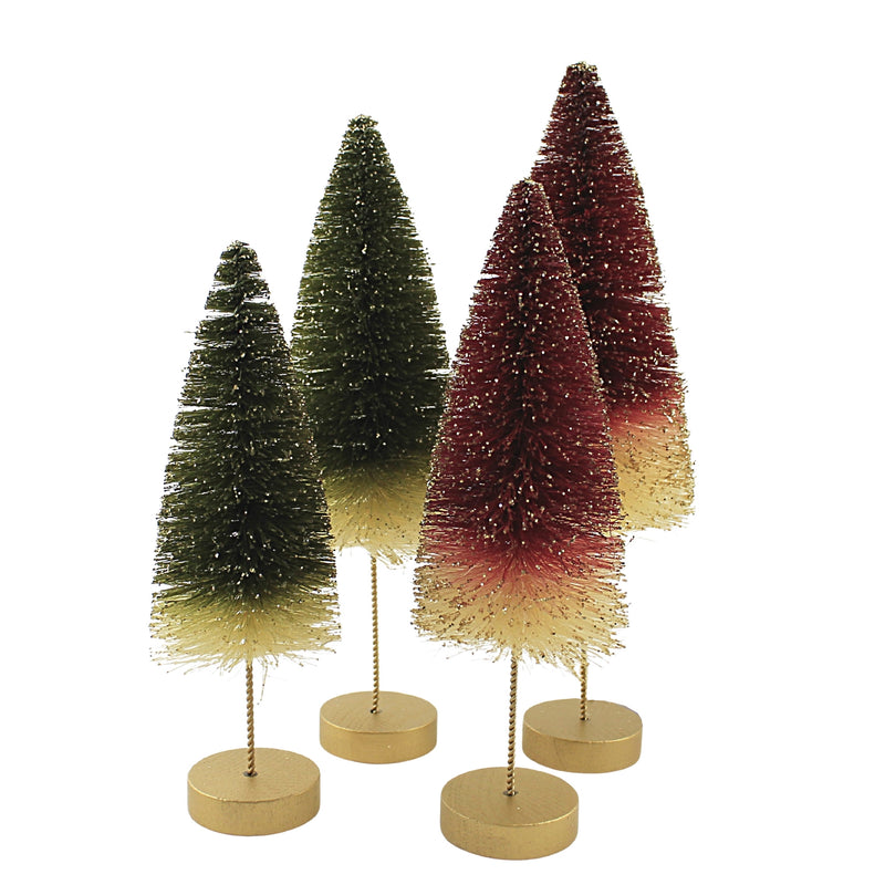 Red/Green Bottle Brush Trees - Four Trees 12 Inch, Plastic - Gold Glittered Two -Toned Lc0693 (52387)