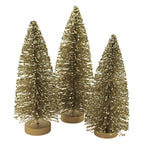 Christmas Old Gold Bottle Brush Trees Plastic Set Of Three Glittered Sn7455