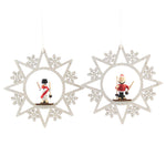 Holiday Ornament Glittered Snowflake Ornaments Wood Santa Snowman Skiing A15261