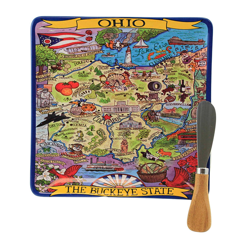 Ohio Souvenir Cheese Plate - One Cheese Plate With Spreader 8 Inch, Ceramic - Buckeye State Spreader 63735 (53051)