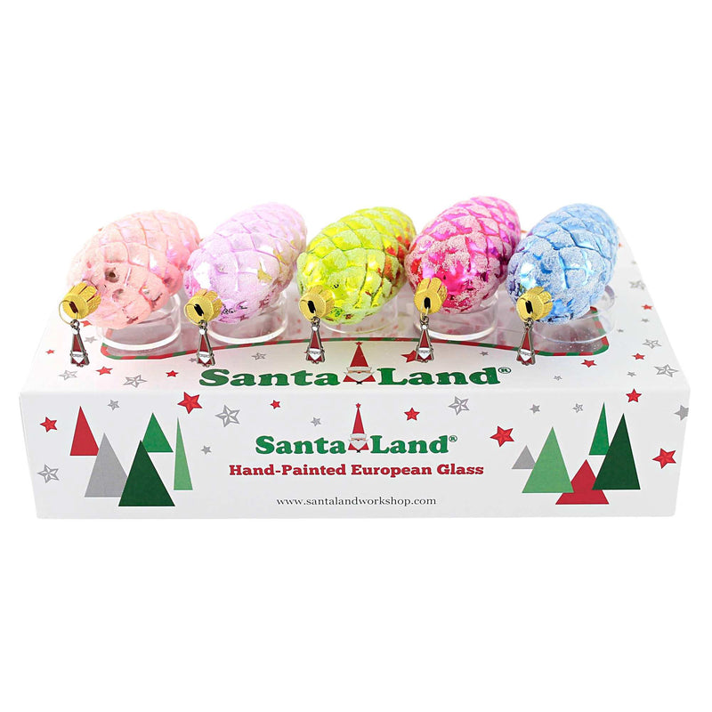 Santa Land Shimmering Pinecone Brites - 5 Pc Boxed Set Of Glass Ornaments 3.5 Inch, Glass - Ornament Boxed Set Nature 21E1050 (53073)