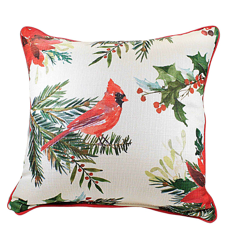 Little Birdie Poinsettia Cardinal Red Piping - 1 Pillow 16 Inch, Polyester - Birds Flower Home Decor Chr0115. (53576)