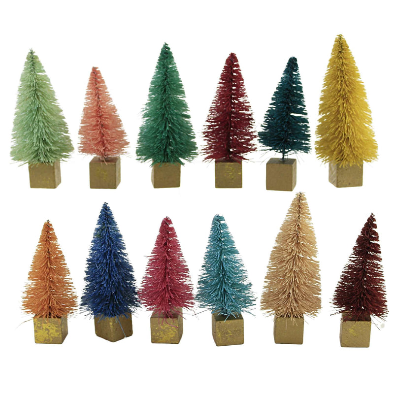Christmas Rainbow Forest Mini Trees Plastic Set 12 Bottle Brush Gold Base Bb311 (54151)