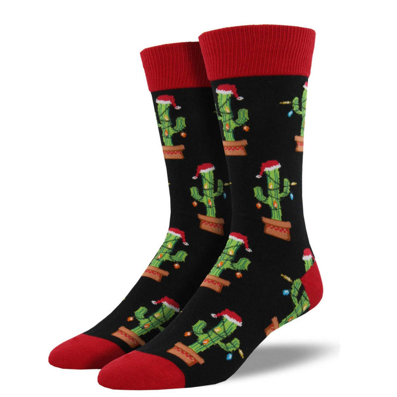 Christmas Cactus - 1 Pair Of Men Socks 16 Inch, Cotton - Mens Crew Desert Santa Cap Mnc688blk (54242)
