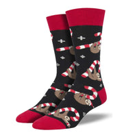 (54243) Novelty Socks Merry Slothmas, 16.00 Inch, Mens Crew Candy Cane Sloth Mnc1849blk