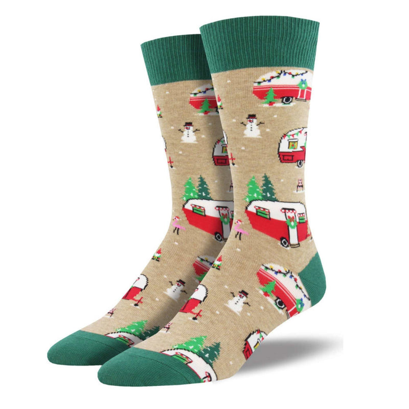 Christmas Camper - 1 Pair Of Men Socks 16 Inch, Cotton - Mens Crew Flamingo Snowman Rv Mnc1645hem (54245)