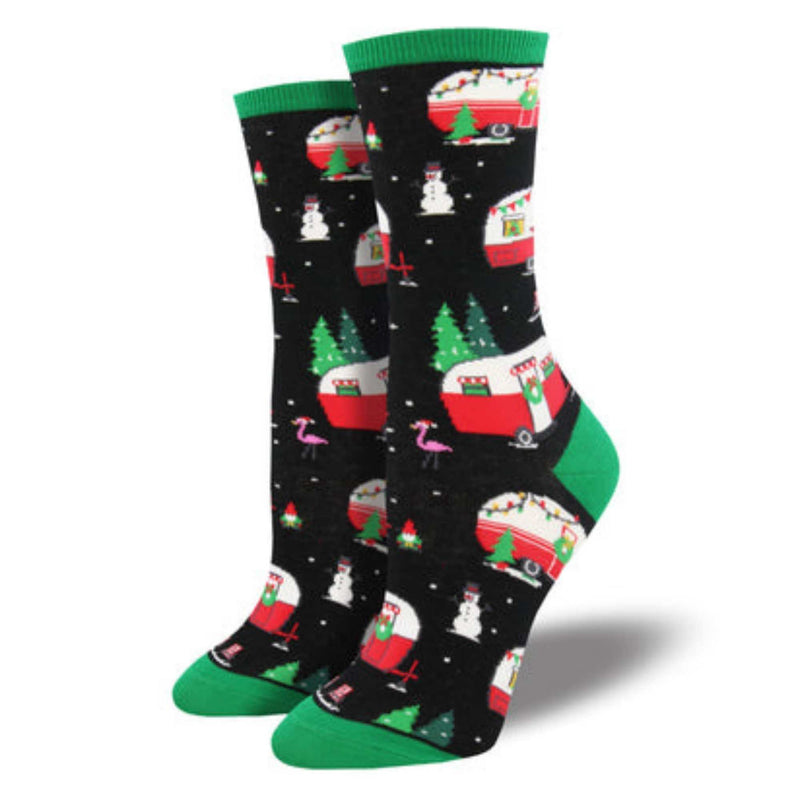 Christmas Campers - 1 Pair Of Women's Socks 14 Inch, Cotton - Crew Womens Christmas Trailer Wnc1610blk (54253)