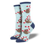 Heather Blue Merry Slothmas - 1 Pair Of Women's Socks 14 Inch, Cotton - Crew Womens Sloth Christmas Wnc1885bht (54259)