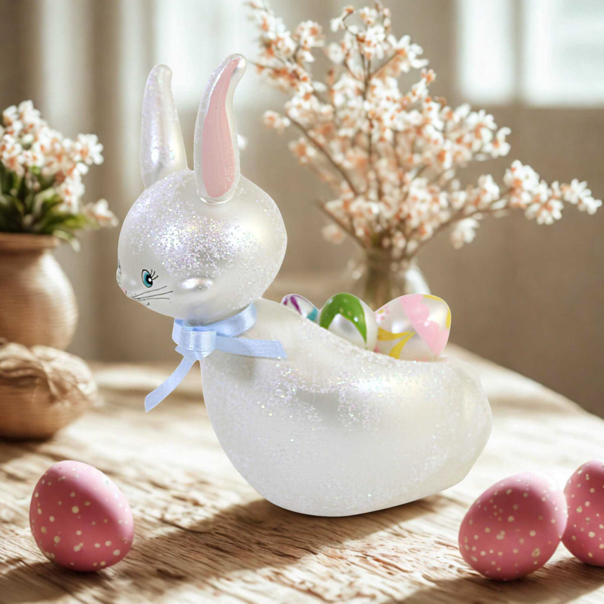 De Carlini Italian Ornaments Freestanding Bunny & Egg Basket - - SBKGifts.com