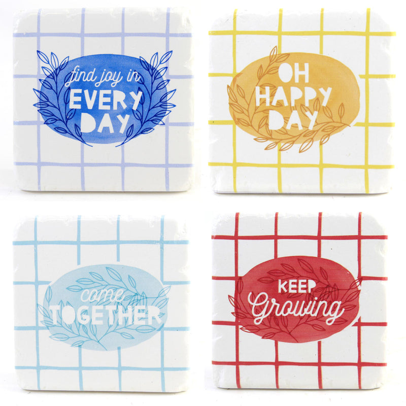 Colorful Check Pattern W/Text - Four Coasters 4 Inch, Resin - Set Of Four Cb176127 (54637)