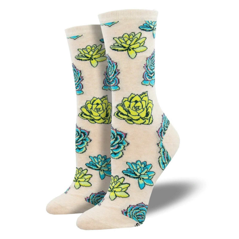 Colorful Succulents - 1 Pair Of Socks 14 Inch, Cotton - Womens  Crew Flower Floral Wnc2613 (54717)