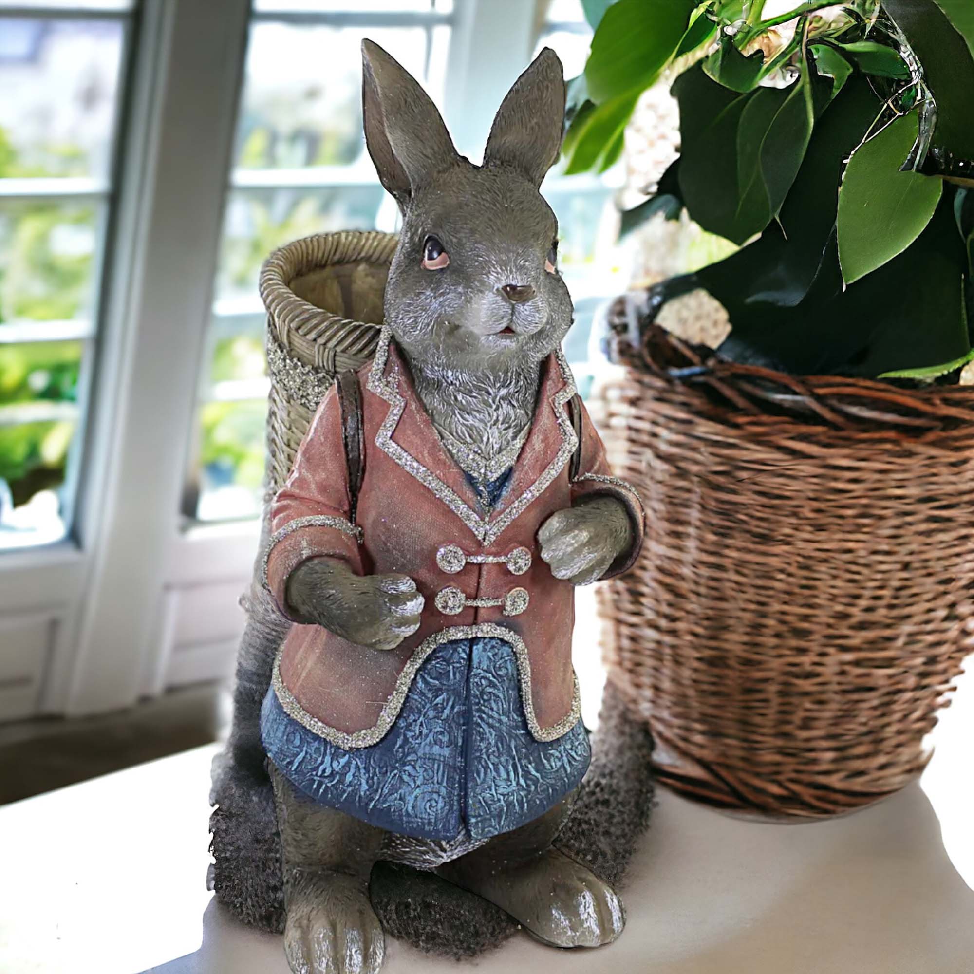 Easter Rabbit With Basket Backpack Polyresin Bunny Pastel Figurine