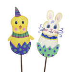 Round Top Collection Vintage Bunny & Chick Stakes - Two Garden Stakes 26.5 Inch, Metal - Cracked Egg E22039 (55326)