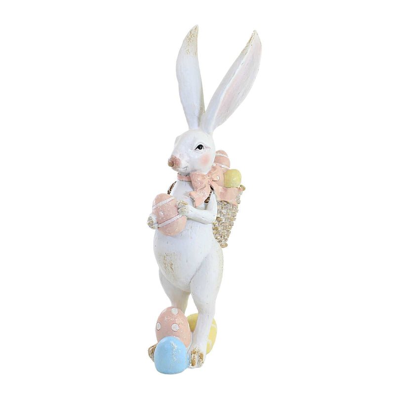 Easter White Bunny With Basket Polyresin Tall Figurine Eggs Rustic A7461 (55382)
