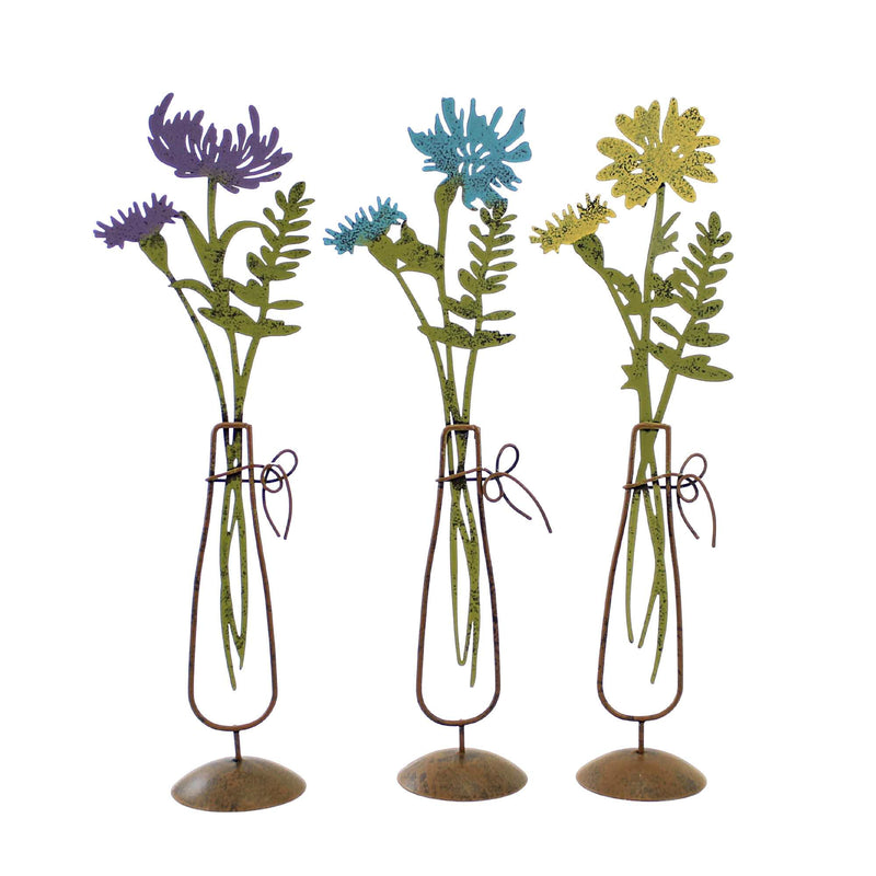 Rustic Flower Figurine - Three Flowers 13 Inch, Metal - Laser Cut Floral Vase Me182728 (55513)