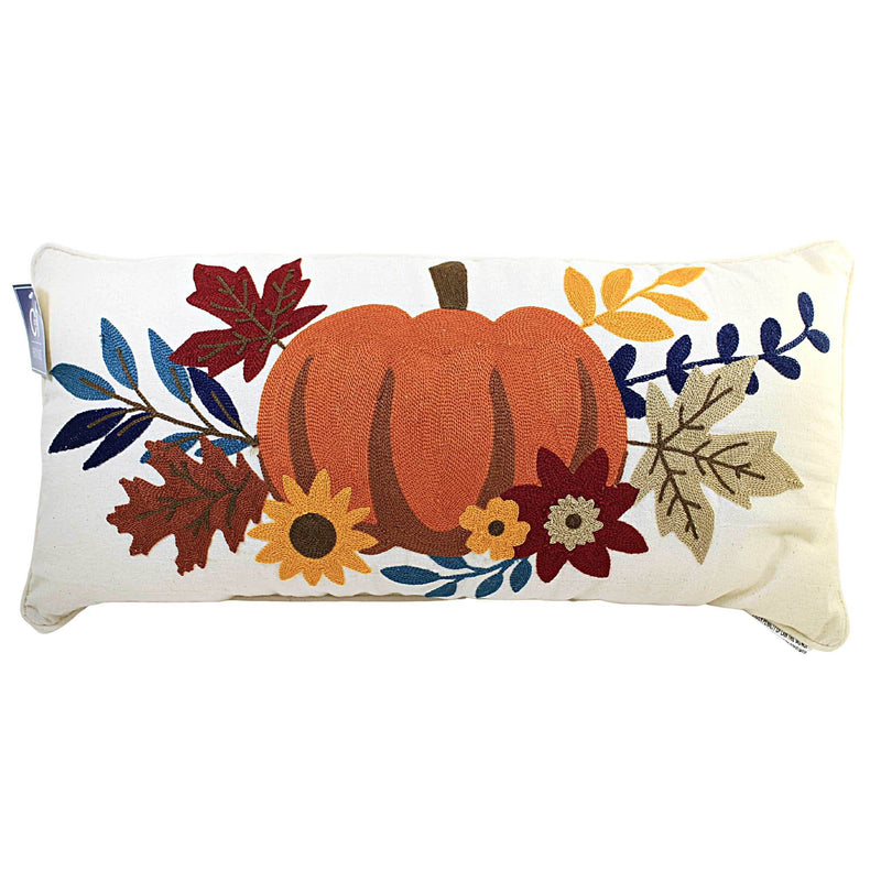Fall Autumn Pumpkin Pillow Cotton Embroidered Leaves Flowers C86154065 (56272)