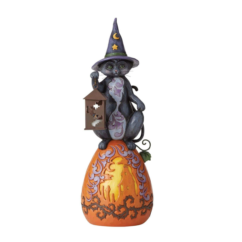 Jim Shore Black Cat Pumpkin Statue Polyresin Halloween Lantern Lights 6006251 (56429)
