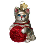 Old World Christmas Playful Kitten Grey/Red Glass Ornament Ball Yarn 12614 (57327)