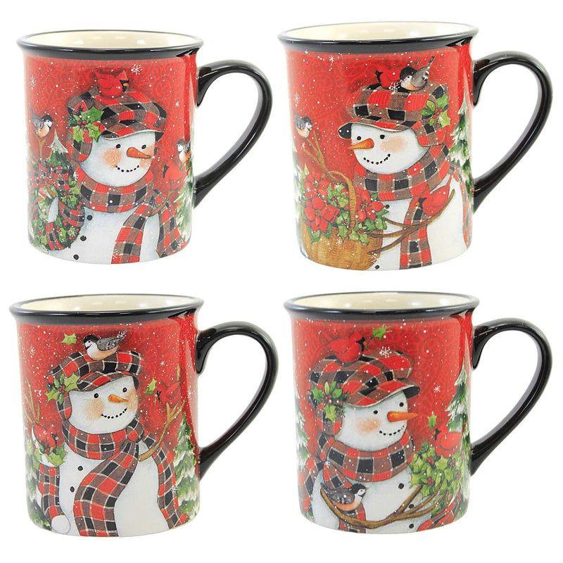 Christmas Lodge Snowman Mug - Four Mugs 4.25 Inch, Ceramic - Pine Trees Birds Beverage 29042 (57569)