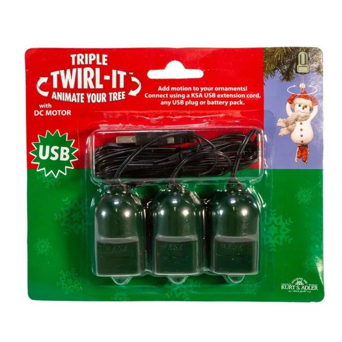 Christmas Usb Triple Twirl-It W/Dc Motor Plastic 3 Ornament Spinners Animate Your Tree Usb0004