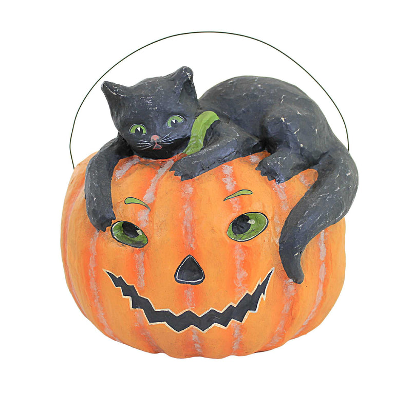 Halloween Black Cat With Pumpkin Bucket Paper Mache Jack O Lantern Ms6528cp (58425)