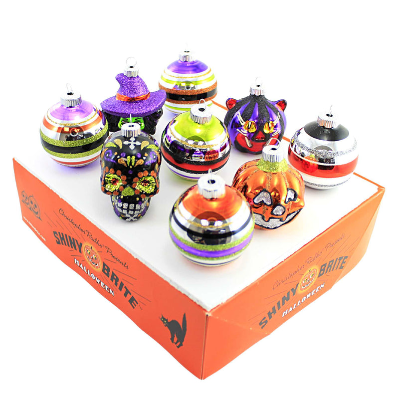 Shiny Brite Halloween Round & Figures Glass Ornament Se Cats Witch 4027902 (58566)