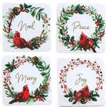 Tabletop Cardinal Wreath Coaster Set/4 Stoneware Joy Peace Noel  Merry Cx178898 (58736)