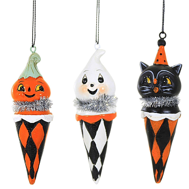 Holiday Ornament Checkered Cone Halloween Ghost Black Cat Pumpkin J9873 (58995)