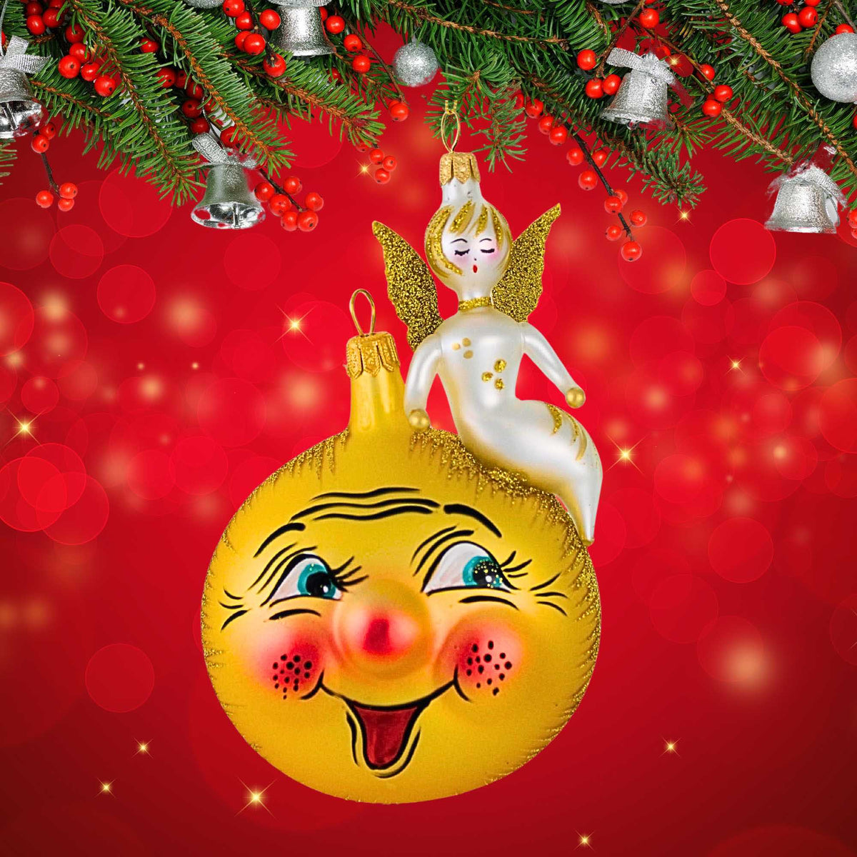 De Carlini Italian Ornaments Gold Moon With Angel - - SBKGifts.com