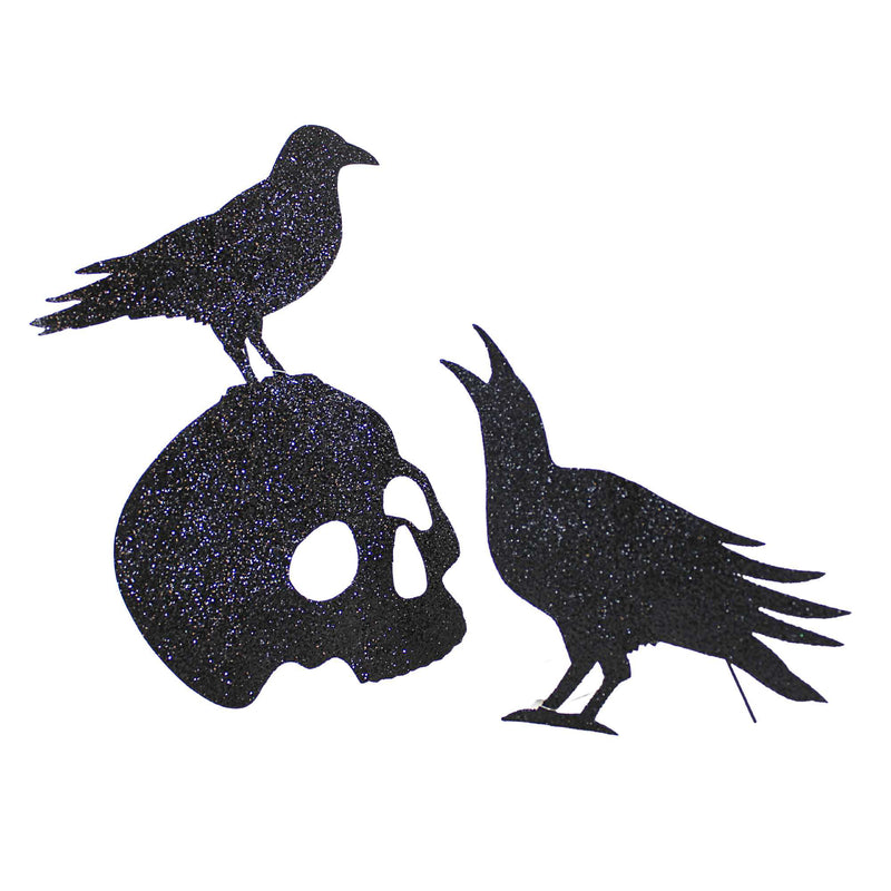 Bethany Lowe Glittered Crow On Skull Halloween Figures Freestanding 2 Pc Set, Tf2238.Tf2233 (59167)